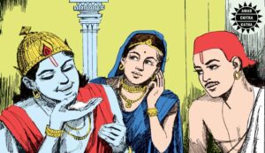 Sudama gifting rice to Krishna. 