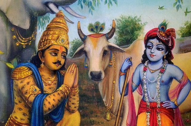 Lord Indira asking forgiveness from Krishna