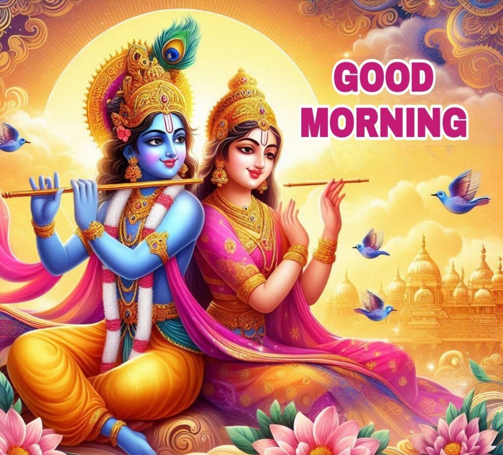 Good Morning Radha Krishna Playing Flute